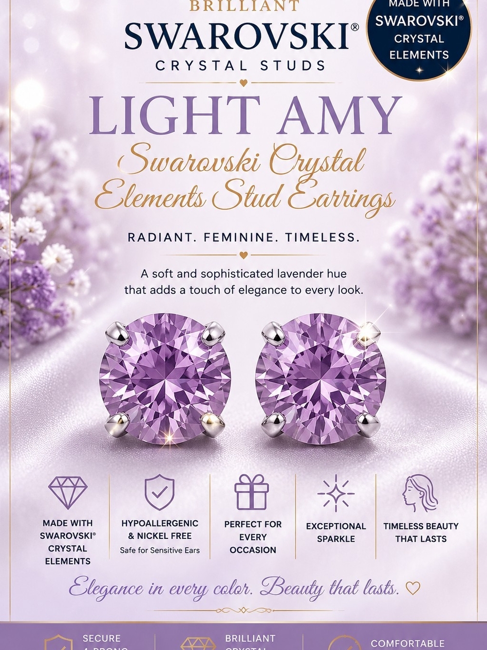 Swarovski Light Amy Lavender Crystal Stud Earrings